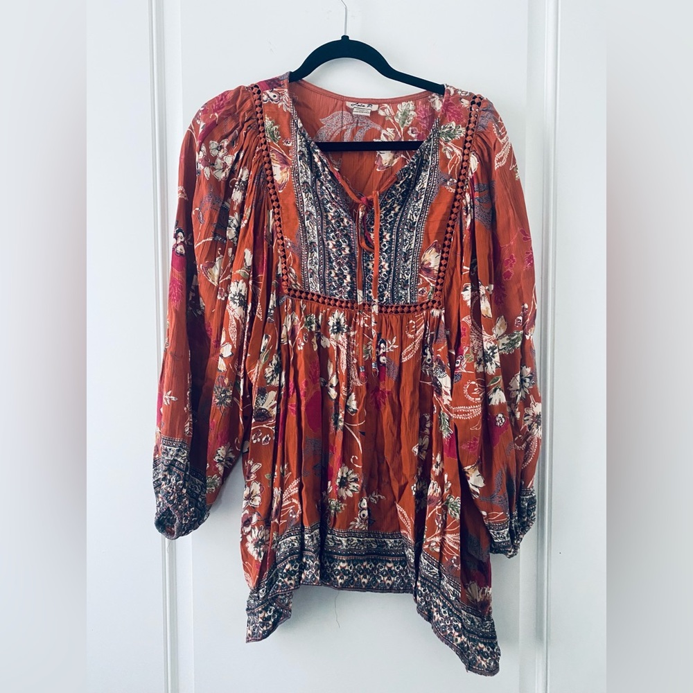 Lola P large womens long sleeve bohemian blouse orange